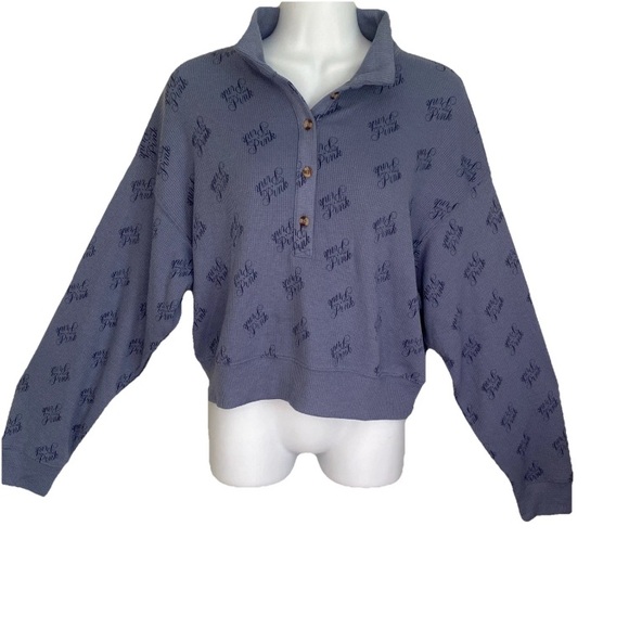 NWT PINK Victoria Secret Sleepwear cropped henley waffle knit top Medium - Picture 3 of 10